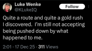 screenshot of an x/twitter post by luke wenke pretending to be a victim december 2025