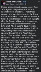 screenshot of a luke wenke x/twitter screenshot about school shooters and obsessing over ryan teeter 2023