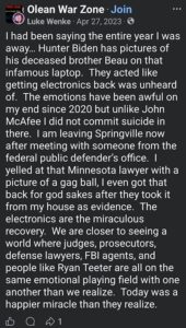 screenshot of an x/twitter post by luke wenke about how the fbi gave his ball gag back after his release from prison 2023