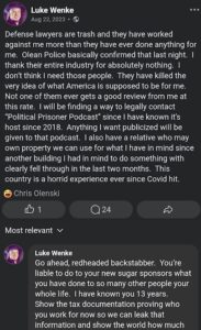 screenshot of an august 2020 facebook post by luke wenke accusing defense attorneys of failling him