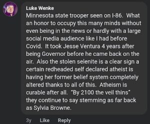 screenshot of an august 2020 luke wenke facebook post claiming minnesota police are stalking him in new york