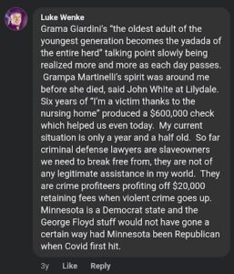 screenshot of an august 2023 luke wenke facebook post about his grandmother carolyn giardini