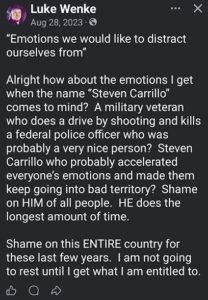 an anti-american tweet by luke wenke about drive-by shootings and police august 2023