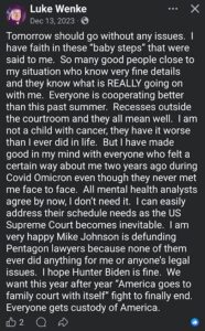 screenshot of a luke wenke facebook post predicting a good day in court shortly before arrest 2023