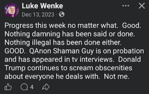 screenshot of a december 2023 luke wenke facebook post denying online criminal activity 