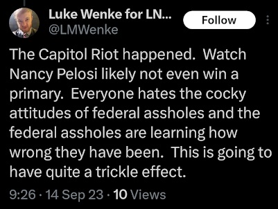 luke wenke makes political predictions in an x/twitter screenshot september 2023