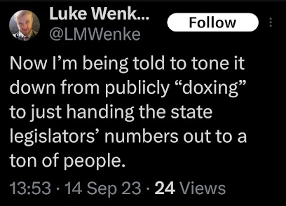 luke wenke admits he was cautioned not to doxx lawmakers and public officials x/twitter screenshot september 2023