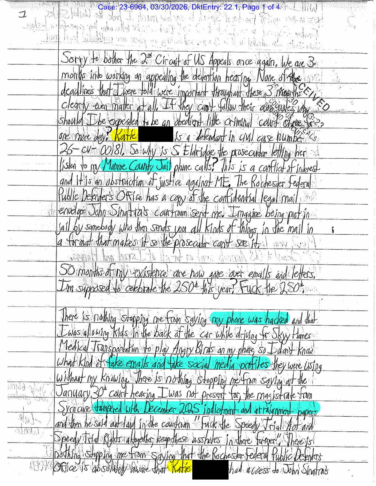 A letter from Luke Wenke to US Appeals Judge Debra Ann Livingston; 03/2026.