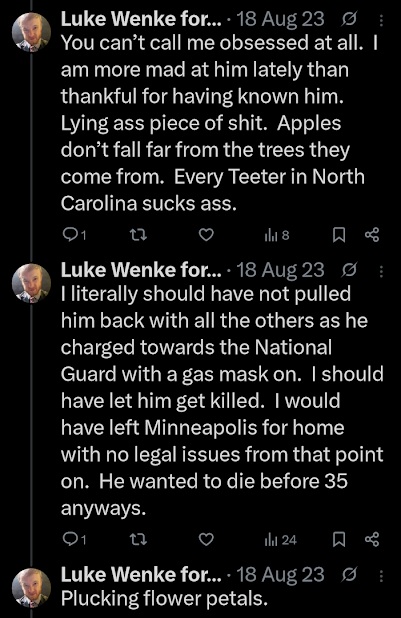 screenshot of an August 2023 Luke Wenke X/Twitter post fixating on romantic obsession Benjamin Ryan Teeter