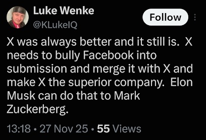 screenshot of a November 2025 Luke Wenke X/Twitter screenshot saying X is better than Facebook