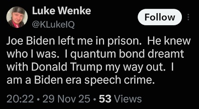 screenshot of a November 2025 Luke Wenke X/Twitter post accusing Joe Biden of abandonment