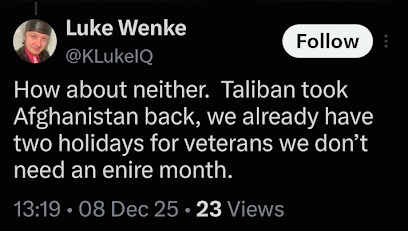 screenshot of a December 2025 Luke Wenke X/Twitter post about the Taliban